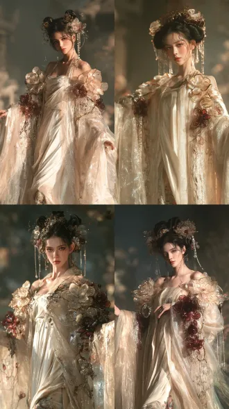 a straight-on, full-length frontal portrait of an ethereal adult fairy maiden in an ancient chinese fantasy setting, standing gracefully and facing directly toward the viewer, her entire figure visible from the top of her elaborate hairstyle to the tips of her shoes, ample space above her head and below her feet, centered composition, a delicate oval face, luminous porcelain skin, expressive almond-shaped eyes, softly flushed cheeks and rose-tinted lips, a serene and graceful expression, long lustrous black hair arranged in an elaborate traditional chinese updo, a refined central bun with symmetrical coiled sections on either side, delicate face-framing tendrils, perfectly balanced classical hair ornaments placed symmetrically on both sides, matching antique-gold filigree hairpins, translucent champagne floral ornaments and deep burgundy blossoms, fine pearl chains and crystal pendants hanging at equal lengths beside her temples, wearing a flowing ivory silk gown beneath a loose, open-front, off-shoulder robe with wide sleeves, the long robe cascading toward the ground, sheer champagne-beige silk organza with smoky taupe undertones, delicate translucent fabric with soft cascading folds, a luminous pearlescent sheen and scattered pinpoints of silver sparkle, a subtly wet, dewy surface, elaborate three-dimensional magnolia-inspired floral appliqués arranged along the shoulders, sleeve edges and front opening, layered sculpted petals with gently curled edges, translucent pale champagne petals with delicate golden rims, interspersed with deep burgundy and oxblood-red blossoms, glossy glass-like petals with translucent edges and richer-colored centers, fine antique-gold vine embroidery connecting the flowers, tiny crystal droplets and delicate hanging bead strands, intricate couture craftsmanship, highly detailed fabric weave and petal surfaces, her arms resting slightly away from her body to reveal both flowing sleeves, delicate embroidered shoes visible beneath the hem, a softly blurred moonlit garden, delicate rim lighting illuminating the translucent petals, a romantic and mysterious atmosphere
