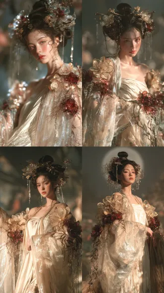 a straight-on, full-length frontal portrait of an ethereal adult fairy maiden in an ancient chinese fantasy setting, standing gracefully and facing directly toward the viewer, her entire figure visible from the top of her elaborate hairstyle to the tips of her shoes, ample space above her head and below her feet, centered composition, a delicate oval face, luminous porcelain skin, expressive almond-shaped eyes, softly flushed cheeks and rose-tinted lips, a serene and graceful expression, long lustrous black hair arranged in an elaborate traditional chinese updo, a refined central bun with symmetrical coiled sections on either side, delicate face-framing tendrils, perfectly balanced classical hair ornaments placed symmetrically on both sides, matching antique-gold filigree hairpins, translucent champagne floral ornaments and deep burgundy blossoms, fine pearl chains and crystal pendants hanging at equal lengths beside her temples, wearing a flowing ivory silk gown beneath a loose, open-front, off-shoulder robe with wide sleeves, the long robe cascading toward the ground, sheer champagne-beige silk organza with smoky taupe undertones, delicate translucent fabric with soft cascading folds, a luminous pearlescent sheen and scattered pinpoints of silver sparkle, a subtly wet, dewy surface, elaborate three-dimensional magnolia-inspired floral appliqués arranged along the shoulders, sleeve edges and front opening, layered sculpted petals with gently curled edges, translucent pale champagne petals with delicate golden rims, interspersed with deep burgundy and oxblood-red blossoms, glossy glass-like petals with translucent edges and richer-colored centers, fine antique-gold vine embroidery connecting the flowers, tiny crystal droplets and delicate hanging bead strands, intricate couture craftsmanship, highly detailed fabric weave and petal surfaces, her arms resting slightly away from her body to reveal both flowing sleeves, delicate embroidered shoes visible beneath the hem, a softly blurred moonlit garden, delicate rim lighting illuminating the translucent petals, a romantic and mysterious atmosphere