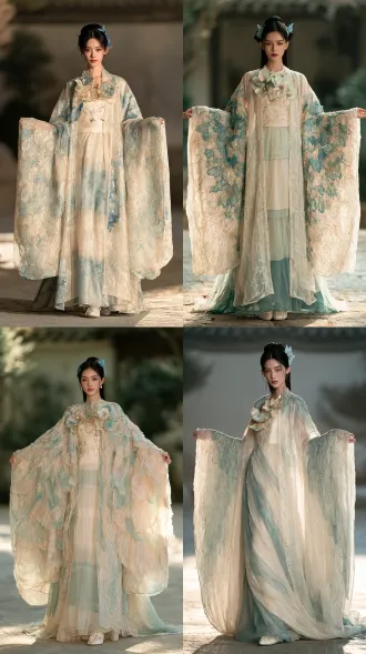 a full-length fashion photograph showcasing an entire chinese fantasy costume, straight-on front view, camera pulled back far enough to include the woman's complete figure and both expansive sleeves. her head, hands, entire skirt, ankles and both shoes are clearly visible. she occupies approximately three-quarters of the image height, with generous space above her hairstyle and a visible stretch of ground beneath her feet. centered standing composition, arms gently held away from her body to display the garment's silhouette and sleeve construction. the main visual focus is the clothing: an exceptionally light and flowing chinese fantasy ensemble in a harmonious palette of ivory white, mist blue and delicate champagne gold. a softly fitted ivory silk bodice decorated with fine magnolia embroidery, slender champagne-gold stems and small pale-blue petals. a high waist leads into a long flowing skirt made from several thin layers of translucent silk chiffon, alternating ivory and mist blue, creating subtle color variations where the layers overlap. the front hem falls just above the shoes, while slightly longer side panels float gently around the ankles. an open-front, full-length gauze outer robe drapes softly over the gown. its fabric is featherlight, finely woven and translucent, with a restrained pearlescent shimmer, softly illuminated edges and airy folds that lift in a gentle breeze. the underlying gown remains softly visible through the gauze. exceptionally wide, long sleeves flow from smooth shoulders into broad, open, wing-shaped sleeve openings. their irregular edges consist of overlapping tapered gauze panels of different lengths, resembling the graceful outline of layered flight feathers. these soft fabric points curve and flutter naturally. delicate ivory and pale-gold feather embroidery follows the sleeve edges, with open areas of transparent gauze between the embroidered details. a few exquisite three-dimensional magnolia blossoms decorate the neckline and front edges of the robe. their thin, softly curved petals are translucent ivory and pale mist blue, with subtle champagne-gold rims. small pearl accents and fine embroidered vines connect selected blossoms. the embellishments are carefully spaced to preserve the fabric's lightness and graceful movement. fine textile weave, delicate stitching, translucent layers and natural fabric drape are clearly rendered. a photorealistic adult chinese woman with graceful proportions, delicate features and natural skin texture. her black hair is arranged in a neat classical bun, with two long straight sidelocks. refined blue butterfly hair ornaments with fine pale-gold details complement the clothing, arranged asymmetrically around the bun. she wears delicate ivory embroidered shoes, both fully visible beneath the skirt. a simple softly blurred garden courtyard with an unobstructed stone floor, soft diffused daylight, gentle backlighting revealing the gauze's transparency, realistic fabric sha
