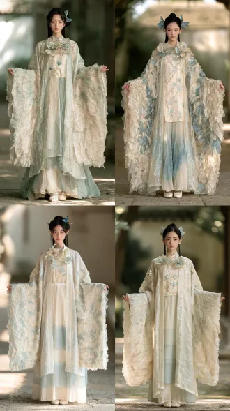 a full-length fashion photograph showcasing an entire chinese fantasy costume, straight-on front view, camera pulled back far enough to include the woman's complete figure and both expansive sleeves. her head, hands, entire skirt, ankles and both shoes are clearly visible. she occupies approximately three-quarters of the image height, with generous space above her hairstyle and a visible stretch of ground beneath her feet. centered standing composition, arms gently held away from her body to display the garment's silhouette and sleeve construction. the main visual focus is the clothing: an exceptionally light and flowing chinese fantasy ensemble in a harmonious palette of ivory white, mist blue and delicate champagne gold. a softly fitted ivory silk bodice decorated with fine magnolia embroidery, slender champagne-gold stems and small pale-blue petals. a high waist leads into a long flowing skirt made from several thin layers of translucent silk chiffon, alternating ivory and mist blue, creating subtle color variations where the layers overlap. the front hem falls just above the shoes, while slightly longer side panels float gently around the ankles. an open-front, full-length gauze outer robe drapes softly over the gown. its fabric is featherlight, finely woven and translucent, with a restrained pearlescent shimmer, softly illuminated edges and airy folds that lift in a gentle breeze. the underlying gown remains softly visible through the gauze. exceptionally wide, long sleeves flow from smooth shoulders into broad, open, wing-shaped sleeve openings. their irregular edges consist of overlapping tapered gauze panels of different lengths, resembling the graceful outline of layered flight feathers. these soft fabric points curve and flutter naturally. delicate ivory and pale-gold feather embroidery follows the sleeve edges, with open areas of transparent gauze between the embroidered details. a few exquisite three-dimensional magnolia blossoms decorate the neckline and front edges of the robe. their thin, softly curved petals are translucent ivory and pale mist blue, with subtle champagne-gold rims. small pearl accents and fine embroidered vines connect selected blossoms. the embellishments are carefully spaced to preserve the fabric's lightness and graceful movement. fine textile weave, delicate stitching, translucent layers and natural fabric drape are clearly rendered. a photorealistic adult chinese woman with graceful proportions, delicate features and natural skin texture. her black hair is arranged in a neat classical bun, with two long straight sidelocks. refined blue butterfly hair ornaments with fine pale-gold details complement the clothing, arranged asymmetrically around the bun. she wears delicate ivory embroidered shoes, both fully visible beneath the skirt. a simple softly blurred garden courtyard with an unobstructed stone floor, soft diffused daylight, gentle backlighting revealing the gauze's transparency, realistic fabric sha
