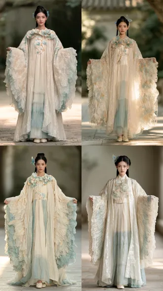 a full-length fashion photograph showcasing an entire chinese fantasy costume, straight-on front view, camera pulled back far enough to include the woman's complete figure and both expansive sleeves. her head, hands, entire skirt, ankles and both shoes are clearly visible. she occupies approximately three-quarters of the image height, with generous space above her hairstyle and a visible stretch of ground beneath her feet. centered standing composition, arms gently held away from her body to display the garment's silhouette and sleeve construction. the main visual focus is the clothing: an exceptionally light and flowing chinese fantasy ensemble in a harmonious palette of ivory white, mist blue and delicate champagne gold. a softly fitted ivory silk bodice decorated with fine magnolia embroidery, slender champagne-gold stems and small pale-blue petals. a high waist leads into a long flowing skirt made from several thin layers of translucent silk chiffon, alternating ivory and mist blue, creating subtle color variations where the layers overlap. the front hem falls just above the shoes, while slightly longer side panels float gently around the ankles. an open-front, full-length gauze outer robe drapes softly over the gown. its fabric is featherlight, finely woven and translucent, with a restrained pearlescent shimmer, softly illuminated edges and airy folds that lift in a gentle breeze. the underlying gown remains softly visible through the gauze. exceptionally wide, long sleeves flow from smooth shoulders into broad, open, wing-shaped sleeve openings. their irregular edges consist of overlapping tapered gauze panels of different lengths, resembling the graceful outline of layered flight feathers. these soft fabric points curve and flutter naturally. delicate ivory and pale-gold feather embroidery follows the sleeve edges, with open areas of transparent gauze between the embroidered details. a few exquisite three-dimensional magnolia blossoms decorate the neckline and front edges of the robe. their thin, softly curved petals are translucent ivory and pale mist blue, with subtle champagne-gold rims. small pearl accents and fine embroidered vines connect selected blossoms. the embellishments are carefully spaced to preserve the fabric's lightness and graceful movement. fine textile weave, delicate stitching, translucent layers and natural fabric drape are clearly rendered. a photorealistic adult chinese woman with graceful proportions, delicate features and natural skin texture. her black hair is arranged in a neat classical bun, with two long straight sidelocks. refined blue butterfly hair ornaments with fine pale-gold details complement the clothing, arranged asymmetrically around the bun. she wears delicate ivory embroidered shoes, both fully visible beneath the skirt. a simple softly blurred garden courtyard with an unobstructed stone floor, soft diffused daylight, gentle backlighting revealing the gauze's transparency, realistic fabric sha