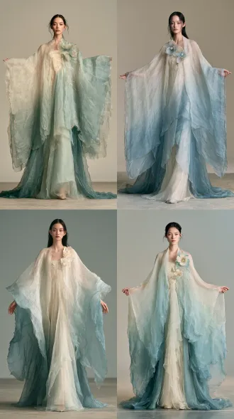 a full-length fashion photograph showcasing an entire chinese fantasy costume, straight-on front view, camera pulled back to include the woman's complete figure and both expansive sleeves. her head, hands, entire skirt, ankles and both shoes are clearly visible. she occupies approximately three-quarters of the image height, with generous space above her hairstyle and visible ground beneath her feet. centered standing composition, arms gently held away from her body to display the garment's silhouette and sleeve construction. the main visual focus is an exceptionally light, flowing chinese fantasy ensemble made from featherlight silk organza. the fabric has a fine sheer weave, a soft finish, delicate luminous edges and a subtle pearlescent sheen. thin translucent layers float apart in a gentle breeze, forming airy ripples and long sweeping folds. light passes through the organza, revealing its delicate texture and softly overlapping layers. a harmonious continuous ombre runs through the costume: luminous ivory at the shoulders and bodice gradually melts into pale ice blue around the waist, then softly deepens into mist blue toward the lower skirt and hem. the transitions are smooth and finely blended, with subtle intermediate shades. each translucent organza layer carries the same flowing gradient, creating luminous depth where the layers overlap. delicate champagne-gold embroidery provides restrained accents. a softly fitted ivory silk bodice is overlaid with translucent organza and decorated with fine magnolia embroidery, slender champagne-gold stems and small pale-blue petals. a high waist leads into a long flowing skirt composed of several featherlight organza layers. the front hem falls just above the shoes, while slightly longer side panels drift gracefully around the ankles, revealing the gradual transition from ivory to mist blue. an open-front organza outer robe floats over the gown. exceptionally wide, long sleeves flow from smooth shoulders into broad, open, wing-shaped sleeve openings. the sleeves gradually transition from ivory near the shoulders through pale ice blue to mist blue at the outer edges. their irregular openings are shaped from overlapping elongated organza panels with gently curved, tapered tips of varying lengths, suggesting the graceful outline of layered flight feathers. these thin translucent fabric tips flutter softly in the breeze. fine ivory and champagne-gold feather embroidery traces the sleeve contours, with generous areas of sheer organza between the embroidered details. a few exquisite three-dimensional magnolia blossoms decorate the neckline and front edges of the robe. each blossom is formed from thin translucent organza petals, softly curved and subtly shaded from ivory at the center to pale ice blue at the tips, with fine champagne-gold edging. tiny pearl accents and delicate embroidered vines connect selected blossoms. the ornamentation is carefully spaced to preserve the garment's airy appearance.