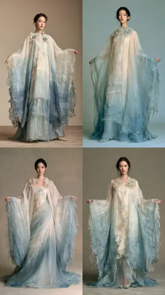 a full-length fashion photograph showcasing an entire chinese fantasy costume, straight-on front view, camera pulled back to include the woman's complete figure and both expansive sleeves. her head, hands, entire skirt, ankles and both shoes are clearly visible. she occupies approximately three-quarters of the image height, with generous space above her hairstyle and visible ground beneath her feet. centered standing composition, arms gently held away from her body to display the garment's silhouette and sleeve construction. the main visual focus is an exceptionally light, flowing chinese fantasy ensemble made from featherlight silk organza. the fabric has a fine sheer weave, a soft finish, delicate luminous edges and a subtle pearlescent sheen. thin translucent layers float apart in a gentle breeze, forming airy ripples and long sweeping folds. light passes through the organza, revealing its delicate texture and softly overlapping layers. a harmonious continuous ombre runs through the costume: luminous ivory at the shoulders and bodice gradually melts into pale ice blue around the waist, then softly deepens into mist blue toward the lower skirt and hem. the transitions are smooth and finely blended, with subtle intermediate shades. each translucent organza layer carries the same flowing gradient, creating luminous depth where the layers overlap. delicate champagne-gold embroidery provides restrained accents. a softly fitted ivory silk bodice is overlaid with translucent organza and decorated with fine magnolia embroidery, slender champagne-gold stems and small pale-blue petals. a high waist leads into a long flowing skirt composed of several featherlight organza layers. the front hem falls just above the shoes, while slightly longer side panels drift gracefully around the ankles, revealing the gradual transition from ivory to mist blue. an open-front organza outer robe floats over the gown. exceptionally wide, long sleeves flow from smooth shoulders into broad, open, wing-shaped sleeve openings. the sleeves gradually transition from ivory near the shoulders through pale ice blue to mist blue at the outer edges. their irregular openings are shaped from overlapping elongated organza panels with gently curved, tapered tips of varying lengths, suggesting the graceful outline of layered flight feathers. these thin translucent fabric tips flutter softly in the breeze. fine ivory and champagne-gold feather embroidery traces the sleeve contours, with generous areas of sheer organza between the embroidered details. a few exquisite three-dimensional magnolia blossoms decorate the neckline and front edges of the robe. each blossom is formed from thin translucent organza petals, softly curved and subtly shaded from ivory at the center to pale ice blue at the tips, with fine champagne-gold edging. tiny pearl accents and delicate embroidered vines connect selected blossoms. the ornamentation is carefully spaced to preserve the garment's airy appearance.