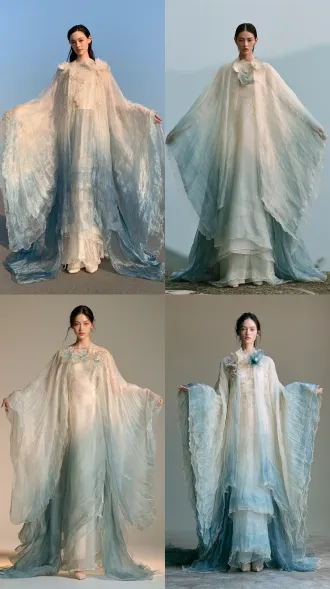 a full-length fashion photograph showcasing an entire chinese fantasy costume, straight-on front view, camera pulled back to include the woman's complete figure and both expansive sleeves. her head, hands, entire skirt, ankles and both shoes are clearly visible. she occupies approximately three-quarters of the image height, with generous space above her hairstyle and visible ground beneath her feet. centered standing composition, arms gently held away from her body to display the garment's silhouette and sleeve construction. the main visual focus is an exceptionally light, flowing chinese fantasy ensemble made from featherlight silk organza. the fabric has a fine sheer weave, a soft finish, delicate luminous edges and a subtle pearlescent sheen. thin translucent layers float apart in a gentle breeze, forming airy ripples and long sweeping folds. light passes through the organza, revealing its delicate texture and softly overlapping layers. a harmonious continuous ombre runs through the costume: luminous ivory at the shoulders and bodice gradually melts into pale ice blue around the waist, then softly deepens into mist blue toward the lower skirt and hem. the transitions are smooth and finely blended, with subtle intermediate shades. each translucent organza layer carries the same flowing gradient, creating luminous depth where the layers overlap. delicate champagne-gold embroidery provides restrained accents. a softly fitted ivory silk bodice is overlaid with translucent organza and decorated with fine magnolia embroidery, slender champagne-gold stems and small pale-blue petals. a high waist leads into a long flowing skirt composed of several featherlight organza layers. the front hem falls just above the shoes, while slightly longer side panels drift gracefully around the ankles, revealing the gradual transition from ivory to mist blue. an open-front organza outer robe floats over the gown. exceptionally wide, long sleeves flow from smooth shoulders into broad, open, wing-shaped sleeve openings. the sleeves gradually transition from ivory near the shoulders through pale ice blue to mist blue at the outer edges. their irregular openings are shaped from overlapping elongated organza panels with gently curved, tapered tips of varying lengths, suggesting the graceful outline of layered flight feathers. these thin translucent fabric tips flutter softly in the breeze. fine ivory and champagne-gold feather embroidery traces the sleeve contours, with generous areas of sheer organza between the embroidered details. a few exquisite three-dimensional magnolia blossoms decorate the neckline and front edges of the robe. each blossom is formed from thin translucent organza petals, softly curved and subtly shaded from ivory at the center to pale ice blue at the tips, with fine champagne-gold edging. tiny pearl accents and delicate embroidered vines connect selected blossoms. the ornamentation is carefully spaced to preserve the garment's airy appearance.