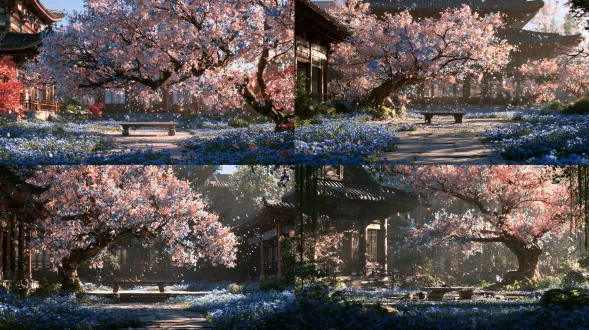 ancient chinese fantasy fairyland, realistic style, serene courtyard, a stone table under a blossoming tree with pink-blue leaves, lush cornflowers carpeting the ground, breathtaking interplay of light and shadow, gentle wind, drifting petals and leaves swirling in the air, dappled sunlight, ethereal immortal atmosphere, cinematic lighting, volumetric light, photorealistic, ultra-detailed, 8k, empty scene, no people
