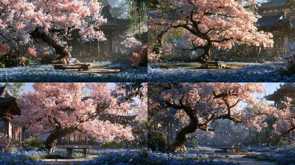 ancient chinese fantasy fairyland, realistic style, serene courtyard, a stone table under a blossoming tree with pink-blue leaves, lush cornflowers carpeting the ground, breathtaking interplay of light and shadow, gentle wind, drifting petals and leaves swirling in the air, dappled sunlight, ethereal immortal atmosphere, cinematic lighting, volumetric light, photorealistic, ultra-detailed, 8k, empty scene, no people