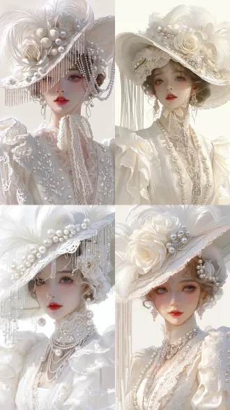 head-and-shoulders portrait of an elegant and dignified lady, refined and ladylike, wearing an extremely ornate wide-brimmed victorian hat that matches a white victorian gown with large lace sleeves, broad brim with cascading beaded fringe, delicate lace trim, adorned with floral ball ornaments, pearl chains, and soft feather decorations, pure white color palette with ivory and silver accents, gentle and graceful, mature elegance, not sweet, soft daylight, clean backdrop, photorealistic, 8k