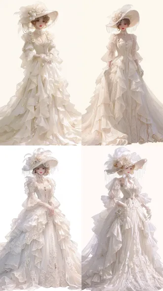 full-body front view, an elegant and dignified lady, refined and ladylike, gentle and graceful, wearing an extremely ornate victorian-inspired white gown, floor-length with a grand sweeping train, three-quarter sleeves with large light lace overlay sleeves, layers of tulle, silk, satin, and abundant lace, cascading ruffles, delicate embroidery, pearl strands, jewel accents, and a matching wide-brimmed victorian hat, broad brim with cascading beaded fringe, delicate lace trim, adorned with floral ball ornaments, pearl chains, and soft feather decorations, pure white color palette with ivory and silver accents, noble and serene, mature elegance, soft daylight, clean backdrop, photorealistic, 8k