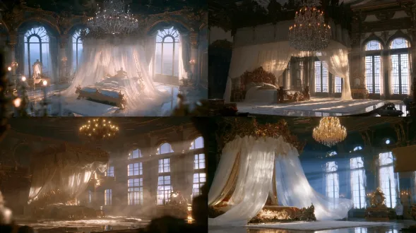 photorealistic interior view of an opulent western royal palace bedchamber, cold white light, camera at a 45-degree side angle, slightly elevated looking down, a grand ornate bed with carved gilded frame, silk damask canopy, velvet bedding, marble floor with soft rug, gilded moldings, frescoed ceiling, unlit crystal chandelier, tall arched windows with sheer curtains letting in pale cold morning light, antique vanity, gilded mirror, porcelain vases, woven tapestry, elegant royal details, cool desaturated palette, quiet luxurious atmosphere, hyper realistic, ultra detailed textures, 8k, high sharpness
