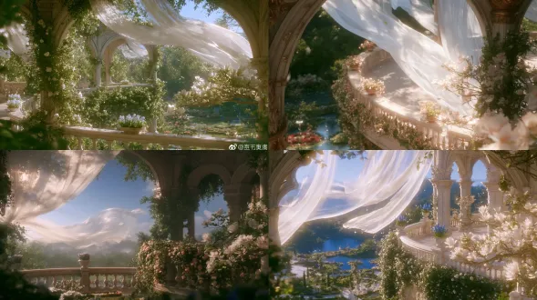 photorealistic view of a medieval western royal palace semi-circular terrace above a lush palace garden, slightly elevated camera angle looking down at a gentle angle, camera near the curved stone balustrade, blossoming potted hyacinths on the curved balustrade ledge, dense climbing rose vines covering the outer side of the balustrade, magnolia branches with large blooms beside the terrace, sheer white curtains above gently blowing in the wind, soft wind movement, breathtaking dappled sunlight, ethereal golden light filtering through leaves, curved stone arches and carved columns, medieval royal architecture, garden greenery and flower beds visible below, romantic and majestic atmosphere, hyper realistic, ultra detailed textures, 8k, high sharpness