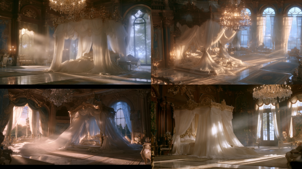 photorealistic interior view of a lavish western royal palace bedchamber in the early morning, camera at a 45-degree side angle, slightly elevated looking down, abundant soft morning light, hazy misty dawn atmosphere, luminous gentle haze filling the room, a grand ornate canopy bed with silk bedding, gilded moldings, carved wooden paneling, marble floor, thick area rugs, crystal chandelier, tall arched windows with sheer curtains diffusing the light, elegant antique furniture, royal tapestries, ivory and pale gold palette, dreamy soft atmosphere, hyper realistic, ultra detailed textures, 8k, high sharpness