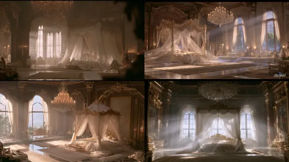 photorealistic interior view of a lavish western royal palace bedchamber in the early morning, camera at a 45-degree side angle, slightly elevated looking down, abundant soft morning light, hazy misty dawn atmosphere, luminous gentle haze filling the room, a grand ornate canopy bed with silk bedding, gilded moldings, carved wooden paneling, marble floor, thick area rugs, crystal chandelier, tall arched windows with sheer curtains diffusing the light, elegant antique furniture, royal tapestries, ivory and pale gold palette, dreamy soft atmosphere, hyper realistic, ultra detailed textures, 8k, high sharpness