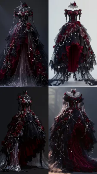 full-body front view, an elegant gothic aristocratic lady, wearing an extremely ornate gothic gown, black and deep red color palette, structured boned hoop skirt with visible boning structure, cinched corset bodice, voluminous layered skirt, translucent sheer gauze hem drifting lightly, abundant black lace and ruffled trims, deep red roses as embellishments, rose motifs, pearl strands, silver filigree, ribbon bows, an ornate gothic headpiece with black lace and red roses, high-low hemline with short front and long back, dramatic trailing back hem, darkly alluring and mesmerizing aura, mysterious and captivating, western gothic royal style, soft moody daylight, clean dark backdrop, photorealistic, 8k