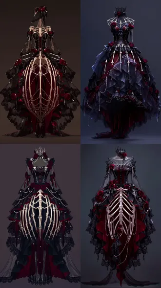 full-body front view, an elegant gothic aristocratic lady, wearing an extremely ornate gothic gown, black and deep red color palette, an open cage-like hoop skirt with clearly defined vertical ribs radiating from the waist down, umbrella-like bone structure shaping the skirt, the skeletal ribs faintly visible through the translucent sheer gauze overlay, cinched corset bodice, voluminous layered skirt, abundant black lace and ruffled trims, deep red roses as embellishments, rose motifs, pearl strands, silver filigree, ribbon bows, an ornate gothic headpiece with black lace and red roses, high-low hemline with short front and long back, dramatic trailing back hem, darkly alluring and mesmerizing aura, mysterious and captivating, western gothic royal style, soft moody daylight, clean dark backdrop, photorealistic, 8k