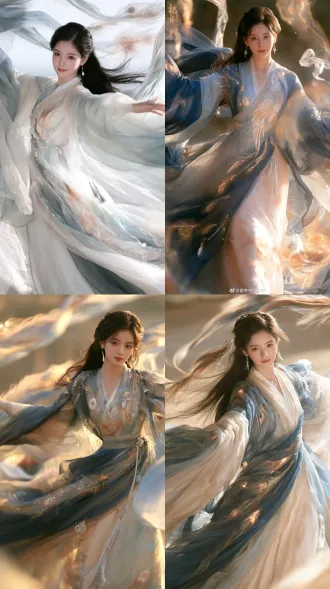 full-body front view, a heavenly ancient chinese phoenix fairy (phoenix immortal), sweet young maiden, wearing an asymmetrical maximalist xianxia gown, large billowy sleeves, layers of translucent gauze and silk, a dramatic train, intricate draping, indigo color palette (deep indigo, midnight blue, soft azure), phoenix feather embroidery, glowing phoenix motifs, floating phoenix-tail ribbons, a few delicate silver ornaments, silver tassels, ethereal and spirited, agile and lively grace, soft daylight, clean backdrop, photorealistic, 8k, no western elements