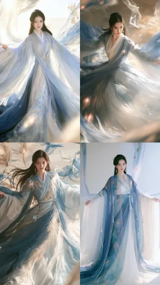 full-body front view, a heavenly ancient chinese phoenix fairy (phoenix immortal), sweet young maiden, wearing an asymmetrical maximalist xianxia gown, large billowy sleeves, layers of translucent gauze and silk, a dramatic train, intricate draping, indigo color palette (deep indigo, midnight blue, soft azure), phoenix feather embroidery, glowing phoenix motifs, floating phoenix-tail ribbons, a few delicate silver ornaments, silver tassels, ethereal and spirited, agile and lively grace, soft daylight, clean backdrop, photorealistic, 8k, no western elements