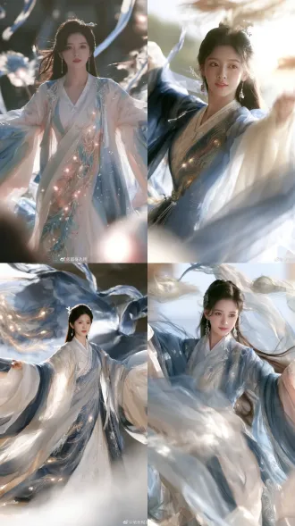 full-body front view, a heavenly ancient chinese phoenix fairy (phoenix immortal), sweet young maiden, wearing an asymmetrical maximalist xianxia gown, large billowy sleeves, layers of translucent gauze and silk, a dramatic train, intricate draping, indigo color palette (deep indigo, midnight blue, soft azure), phoenix feather embroidery, glowing phoenix motifs, floating phoenix-tail ribbons, a few delicate silver ornaments, silver tassels, ethereal and spirited, agile and lively grace, soft daylight, clean backdrop, photorealistic, 8k, no western elements