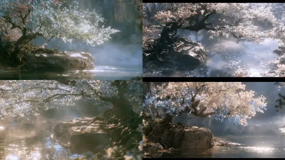 real photograph, actual scene, ancient chinese fantasy fairyland, slightly top-down view, a clear water pool, a large weathered rock at the pool's edge, beside the rock grows a pear tree with gnarled twisting roots coiling around the stone and ground, the tree has pink-blue leaves and blooming white pear blossoms, ethereal and tranquil atmosphere, abundant bright natural daylight, radiant sunlight pouring through the pear blossoms, gorgeous light and shadow interplay, dappled sunlight dancing on the water and rock, luminous reflections on the clear pool, soft god rays filtering through subtle luminous mist, hyper-detailed textures of water, stone, bark, pink-blue leaves, and white petals, 8k resolution, ultra-high fidelity, exquisite cinematic lighting