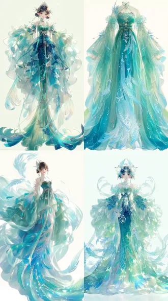 full-body front view, a heavenly ancient chinese phoenix fairy (phoenix immortal), sweet young maiden with a cute and adorable temperament, wearing an asymmetrical maximalist xianxia gown, large billowy sleeves, layers of translucent gauze and silk, a dramatic train with phoenix-tail patterns, intricate draping, blue-green color palette (soft teal, jade green, pale aqua), phoenix feather embroidery, glowing phoenix motifs, floating phoenix-tail ribbons, a few delicate silver ornaments, silver tassels, ethereal and spirited, agile and lively grace, soft daylight, clean backdrop, photorealistic, 8k, no western elements