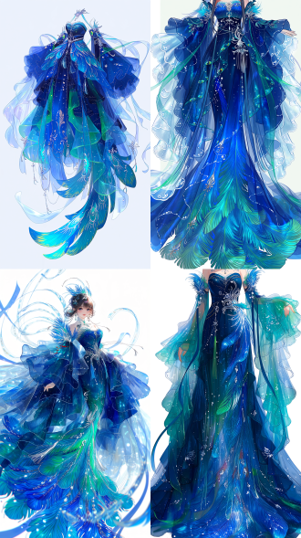 full-body front view, a heavenly ancient chinese phoenix fairy (phoenix immortal), sweet young maiden with a cute and adorable temperament, wearing an asymmetrical maximalist xianxia gown, large billowy sleeves, layers of translucent gauze and silk, a dramatic train with phoenix-tail patterns, intricate draping, color palette: indigo blue as the dominant color, with accents of teal green and jade, phoenix feather embroidery, glowing phoenix motifs, floating phoenix-tail ribbons, a few delicate silver ornaments, silver tassels, gentle wind blowing through her sleeves and ribbons, the train and long hair flowing in the wind, ethereal and spirited, agile and lively grace, soft daylight, clean backdrop, photorealistic, 8k, no western elements