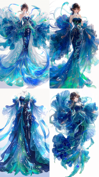 full-body front view, a heavenly ancient chinese phoenix fairy (phoenix immortal), sweet young maiden with a cute and adorable temperament, wearing an asymmetrical maximalist xianxia gown, large billowy sleeves, layers of translucent gauze and silk, a dramatic train with phoenix-tail patterns, intricate draping, color palette: indigo blue as the dominant color, with accents of teal green and jade, phoenix feather embroidery, glowing phoenix motifs, floating phoenix-tail ribbons, a few delicate silver ornaments, silver tassels, gentle wind blowing through her sleeves and ribbons, the train and long hair flowing in the wind, ethereal and spirited, agile and lively grace, soft daylight, clean backdrop, photorealistic, 8k, no western elements