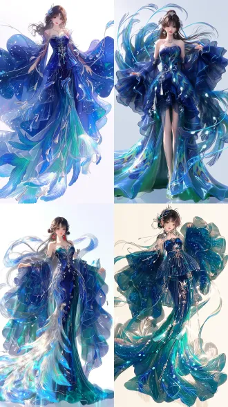 full-body front view, a heavenly ancient chinese phoenix fairy (phoenix immortal), sweet young maiden with a cute and adorable temperament, wearing an asymmetrical maximalist xianxia gown, large billowy sleeves, layers of translucent gauze and silk, a dramatic train with phoenix-tail patterns, intricate draping, color palette: indigo blue as the dominant color, with accents of teal green and jade, phoenix feather embroidery, glowing phoenix motifs, floating phoenix-tail ribbons, a few delicate silver ornaments, silver tassels, gentle wind blowing through her sleeves and ribbons, the train and long hair flowing in the wind, ethereal and spirited, agile and lively grace, soft daylight, clean backdrop, photorealistic, 8k, no western elements