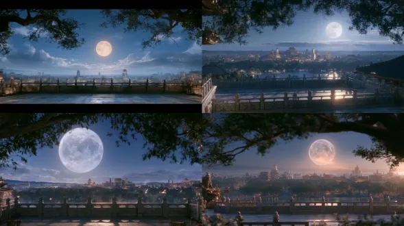 photorealistic night view of a flat rooftop terrace on a western royal palace, clearly recognizable as a palace rooftop, ornate carved stone balustrade around the terrace, stone paving, carved stone details, distant royal palace towers and domes visible beyond the roofline, a bright full moon in the clear night sky, radiant silver moonlight, well-lit rooftop, abundant moonlight, overhanging tree branches in the foreground framing the scene, cool silver-blue palette, serene majestic atmosphere, architectural photography, hyper realistic, ultra detailed textures, 8k, high sharpness