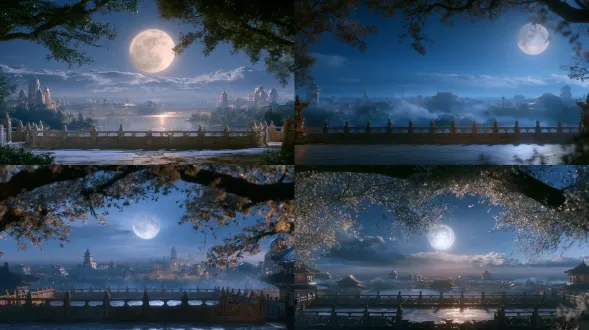 photorealistic night view of a flat rooftop terrace on a western royal palace, clearly recognizable as a palace rooftop, ornate carved stone balustrade around the terrace, stone paving, carved stone details, distant royal palace towers and domes visible beyond the roofline, a bright full moon in the clear night sky, radiant silver moonlight, well-lit rooftop, abundant moonlight, overhanging tree branches in the foreground framing the scene, cool silver-blue palette, serene majestic atmosphere, architectural photography, hyper realistic, ultra detailed textures, 8k, high sharpness