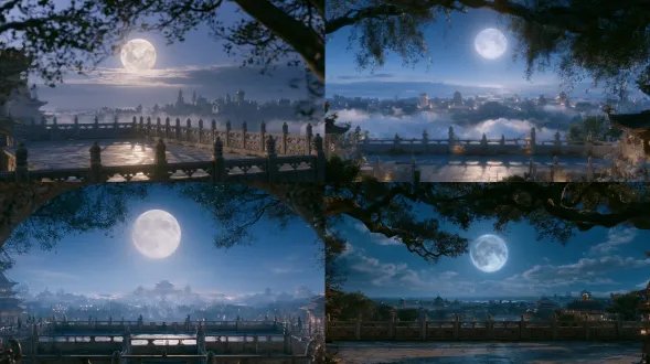 photorealistic night view of a flat rooftop terrace on a western royal palace, clearly recognizable as a palace rooftop, ornate carved stone balustrade around the terrace, stone paving, carved stone details, distant royal palace towers and domes visible beyond the roofline, a bright full moon in the clear night sky, radiant silver moonlight, well-lit rooftop, abundant moonlight, overhanging tree branches in the foreground framing the scene, cool silver-blue palette, serene majestic atmosphere, architectural photography, hyper realistic, ultra detailed textures, 8k, high sharpness