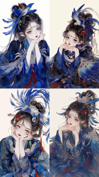 唯美国风仙侠插画，青鸟与凤凰主题，竖版构图。一位灵动秀美的古代女子斜倚而坐，上身微微前倾，头向画面右侧轻轻倾斜，脸颊虚靠在交叠的双手上，指尖舒展。眼眸微抬，目光清亮，唇角含着若有若无的笑意，神态轻盈鲜活，带着山间灵鸟般的好奇与仙气。肌肤白皙通透，细长眉尾微微上扬，眼妆以浅青色晕染，眼尾勾出细巧的靛蓝色羽翎线条，点缀一笔极细的朱红色，朱砂红唇柔润自然，眉心绘一枚小巧的朱红凤羽花钿。 乌黑长发盘成蓬松而舒展的高髻，部分长发自然垂落，鬓边碎发随风轻扬。发饰以一只姿态轻巧的青鸟为中心，银色镂空鸟身嵌青玉，靛蓝珐琅勾勒羽翼，修长尾羽顺着发髻弧度向后舒展。数支细巧的凤凰羽翎簪错落穿插，羽片呈青色至靛蓝色渐变，边缘带少量细金线。小颗朱红宝石与红珊瑚珠作为点睛，耳畔垂下纤细珠链与青玉羽形坠饰，整体精致通透，露出发丝之间的空隙。 身穿层层叠叠的靛蓝与青色广袖古装，修长衣领与交叠衣襟采用深靛蓝色丝绸，胸前以细密银线与浅金线绣出展翅青鸟，羽翼纹样顺着衣襟延伸。腰间系青色丝绦，以一枚小巧的朱红宝石扣固定，垂下少量细长红色流苏，与额间花钿呼应。 外层广袖为轻薄半透明的青色纱罗，袖根颜色稍深，向袖口渐变为浅青与近乎透明的月白色，纱面隐约浮现细长羽脉与飞鸟暗纹。袖缘叠缀少量轻薄的羽片形纱边，随手臂动作轻轻翘起。宽大衣袖与裙摆铺满画面下半部，形成舒展流动的褶皱。裙裳由靛蓝色内裙、青碧色中层与浅青透明外纱叠成，深浅交错，透出细腻的空间层次。裙幅上的凤凰尾羽刺绣沿褶皱向下舒展，羽梢逐渐疏落，融入透明纱层，呈现凤尾拂过云雾的轻盈感。裙边局部藏有极细的朱红滚边，红色仅作少量点缀。 披帛如青鸟修长的尾羽，在肩后划出轻巧的弧线，靛蓝、青色与浅青色自然过渡，末端分成几缕柔软飘带。颈间佩戴纤细的银色羽翼项链，中央嵌一枚青玉，手腕缠绕小颗珍珠与青色玉珠，点缀一两颗朱红珠子，珠链自然垂落于指间和衣袖旁。丝绸光泽柔润，纱罗轻盈透光，刺绣细致克制，保持清晰的布料质感。 背景为云雾缭绕的水墨山峦，远山淡青灰，近处月白色薄雾流动，大面积浅色留白。柔和天光从画面上方斜斜洒落，照亮发饰边缘、面颊与透明纱袖，形成朦胧光束和轻柔轮廓光。一只小巧青鸟掠过女子肩后，与她微抬的目光呼应，几片轻盈的青色羽毛与零星朱红花瓣随风飘散，空气中点缀少量细碎金色微光。 整体以靛蓝色与青色为主要服饰配色，月白色与淡青灰营造明亮背景，朱红色集中点缀在妆容、发饰、腰扣及少量衣缘，色彩鲜明而有节制。画面空灵、灵动、华美，精细人物描绘结合水彩晕染与数字厚涂，面部柔润，发丝细腻，衣料笔触舒展流畅，具有古风绘本般的诗意。