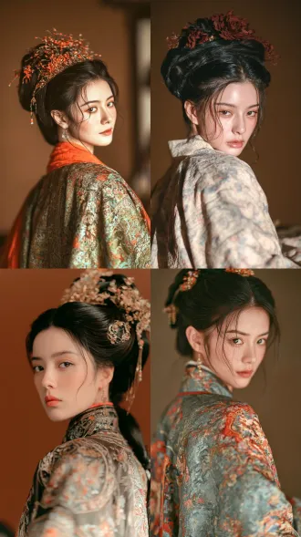 中国年轻女性半身特写肖像，回眸姿势，鹅蛋脸眉眼细长，着唐宫礼服，暖棕背景，侧光与轮廓光，85mm镜头，电影质感，8.2风格。