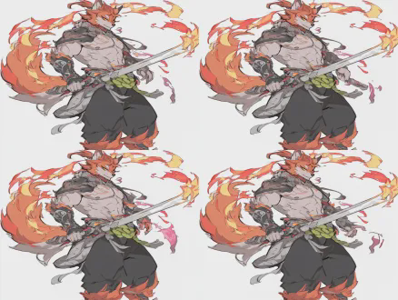 furry, 拟人化赤狐, 肌肉雄性, 橙黄色皮毛（偏黄色）, 东方武士风格, 黑色灯笼裤, 背心, 绿色飘带, 手持长刀, 火焰特效, 挥刀动作, 日系二次元, 赛璐璐厚涂, 清晰线条, 高饱和度, 动漫插画, 8k, 最佳质量.无水印