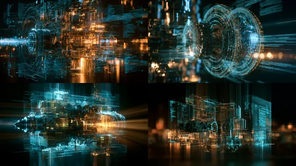 a massive, intricately detailed futuristic lithography machine, constructed entirely from glowing cyan and gold holographic data lines and floating digital text. floating in a dark, mystical digital space. complex mechanical gears and precise industrial components made of pure light. cinematic lighting, volumetric rays, 3d cg animation style, unreal engine 5 render, masterpiece, epic scale, 8k resolution