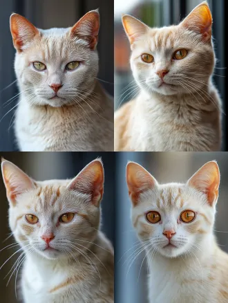 a close-up portrait of a cream-white short-haired cat, orange-tipped ears and tail tip. right ear has a small visible notch on the upper edge. compact skull, slightly hooded upper eyelid, intelligent but unimpressed gaze, neotenic features. chest and muzzle are warm cream-white. individual hair strands visible, slight asymmetry in whisker length. natural window light from the left, realistic photography, not cgi, not illustration, no glowing eyes, no plush texture.