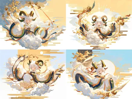 国风q版盘羊精，居中构图，晴日祥云，白发羊耳少女，金绿羊角，闭眼微笑，青蓝白金边云纹宽袖裙装，金铃飘带，浮空持书卷，毛绒云朵精灵，柔光，暖金光，小太阳，轻盈恬静软萌，二次元国风。