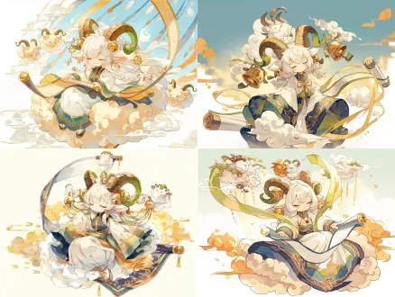 国风q版盘羊精，中心构图，晴日祥云，白发羊耳少女，金绿羊角，闭眼微笑，青蓝白金边云纹宽袖裙，金铃飘带，浮空持书卷，毛绒云精灵，柔光，淡彩，大光圈，恬静软萌。