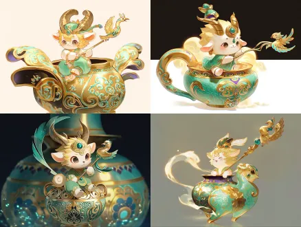 国风q版人形盘羊器灵，居中构图，商周祭祀场景，青铜绿配金白紫配色，微距镜头，柔光，高细节，持凤鸟权杖，淡青回纹光效，软萌灵动，古朴文物质感。