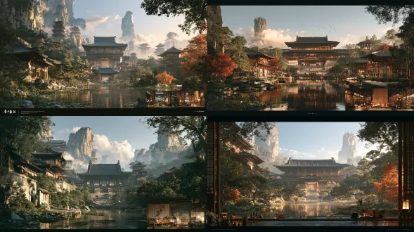 唐宋时期古建筑，带大院，设施齐全，有花园、景观、院落、内部装饰的特写