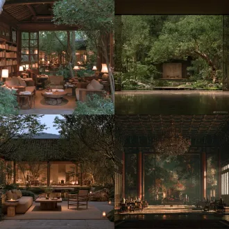 唐宋时期古建筑室内，奢华的古代室内装潢内部图，室内设施齐全全为木制古朴家具，能看到窗外景观.窗外的是深宅大院之内，古朴木制家具家具。