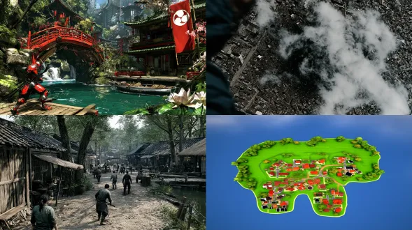 上帝视角，俯拍，中国古代城镇，唐宋年间，修仙武侠风格。透过云层俯看地面的城池，不要出现水域