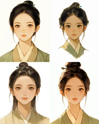 19-year-old chinese woman with east asian bjd-inspired features, slightly rounded oval face, soft hairline, low cheekbones, rounded tapering jaw, long fine willow brows, bright rounded almond eyes, defined double eyelids, dark brown irises, refined nose with a small rounded tip, small full pale-pink lips with a soft cupid's bow, warm fair skin, pale brows, faint rosy cheeks and barely tinted rouge. neutral expression, lips closed, looking straight at viewer. black hair half-up in a high bun, jade pin, loose side strands. celadon silk crossed-collar robe, ivory inner collar, fine weave catching muted highlights, fictional chinese dynasty attire. pure white background. frontal facial close-up, full hairstyle visible, slender neck and narrow shoulder edges, eye-level view. diffused upper-left daylight, gentle fill, low contrast, warm-neutral tones. otome hand-painted illustration, opaque layered brushwork, painterly skin shading