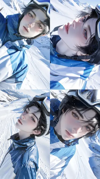 slightly overhead view, close‑up half‑body composition, vertical 9:16 composition, bright cold snowy outdoor daylight, crisp face lighting, handsome sharp‑featured young east‑asian man, calm relaxed expression, slightly bowing head, looking toward camera, cool porcelain pale skin, faint rosy flush on cheeks from cold wind, distinct angular facial bone, thin neat lips, dark‑grey eyes, long fine eyelashes, messy medium‑length black hair peeking out under helmet, stray hair strands blown by cold wind, blue‑white color‑blocked loose hard‑shell ski jacket, thick waterproof outer fabric, simple functional ski outfit design, wearing ski helmet, ski goggles held up to chest position, background is alpine ski resort, thick snow‑covered mountain slope, scattered ski tracks, distant snow‑capped mountain range, fine snow particles floating in air, bright icy winter atmosphere, best quality, ultra‑detailed, 2.5d semi‑realistic cg illustration, korean‑style thick painting, delicate translucent skin texture, realistic thick outdoor jacket fabric, clean cool‑toned color grading, rich light‑shadow layering