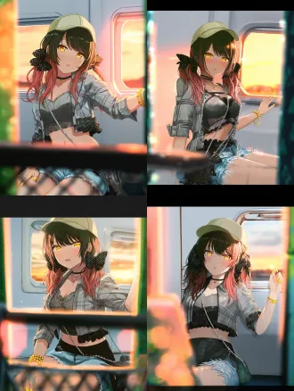 anime key visual, official art style of idolmaster shiny colors, 1 beautiful young girl, long gradient rose red hair, low twin tails tied with black polka dot butterfly hair accessories, light beige baseball cap, bright warm amber golden eyes, soft cheek blush, gentle shy expression, slightly parted lips, thin black choker with tiny heart pendant, light grey plaid cropped shirt, lace camisole inner, frill hem on shirt, rolled up sleeve, frayed light blue denim shorts, golden beaded bracelet, delicate silver chain crossbody bag, yellow manicured nails, sitting on airplane seat next to porthole window, warm sunset golden hour backlight through window, soft glowing rim light, warm orange pink ambient lighting, blurred bokeh foreground, dreamy soft atmosphere, clean smooth line art, soft cel shaded, high detai