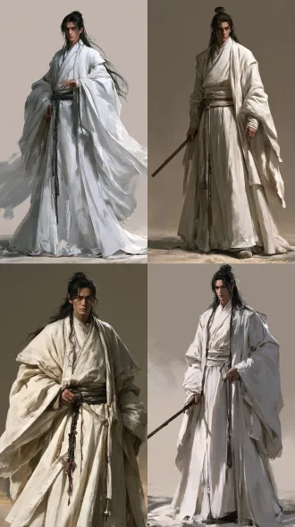 真实质感，中国道士身穿一身洁白的道袍，及其长相及其放荡不羁，男性，背景纯色