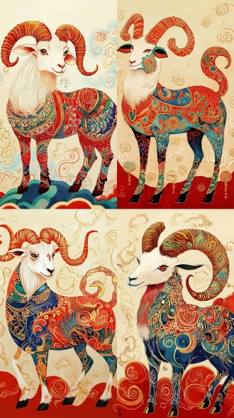 一只山羊的绘画与色彩缤纷的设计在它的身体,白羊座火热的ram塔罗牌,藏族绘画,传统的民间艺术风格,未知的星座,金牛座十二生肖符号,详细的水粉画,红白色和金色的配色方案,波斯民俗插图,详细的美丽的动物,红色蓝色和金色配色方案,角羊女神,毁灭性的明智的山羊,中国神话,动物绘画,波斯民间故事艺术风格,动物插图,波斯民间插图,东方艺术风格,白羊座星座,精美的生物海报艺术,高度详细的动物,独特而复杂的绘画,半山羊,在史诗般的错综复杂的oroboros上,由丝绸纸制成,非常详细和丰富多彩,神leesha hannigan,山羊身体,在水粉画中渲染,纹身的彩色插图,高度复杂和丰富多彩,传统绘画,