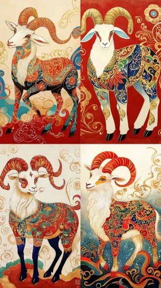 一只山羊的绘画与色彩缤纷的设计在它的身体,白羊座火热的ram塔罗牌,藏族绘画,传统的民间艺术风格,未知的星座,金牛座十二生肖符号,详细的水粉画,红白色和金色的配色方案,波斯民俗插图,详细的美丽的动物,红色蓝色和金色配色方案,角羊女神,毁灭性的明智的山羊,中国神话,动物绘画,波斯民间故事艺术风格,动物插图,波斯民间插图,东方艺术风格,白羊座星座,精美的生物海报艺术,高度详细的动物,独特而复杂的绘画,半山羊,在史诗般的错综复杂的oroboros上,由丝绸纸制成,非常详细和丰富多彩,神leesha hannigan,山羊身体,在水粉画中渲染,纹身的彩色插图,高度复杂和丰富多彩,传统绘画,