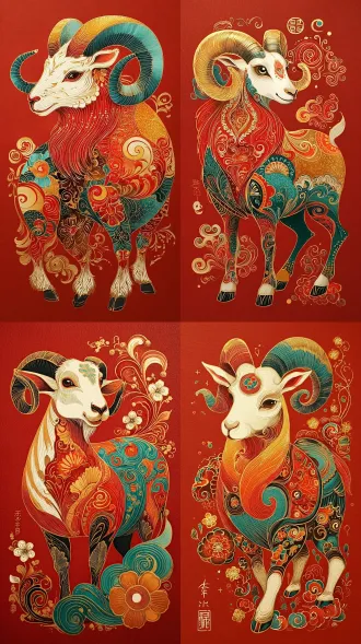 一只山羊的绘画与色彩缤纷的设计在它的身体,白羊座火热的ram塔罗牌,藏族绘画,传统的民间艺术风格,未知的星座,金牛座十二生肖符号,详细的水粉画,红白色和金色的配色方案,波斯民俗插图,详细的美丽的动物,红色蓝色和金色配色方案,角羊女神,毁灭性的明智的山羊,中国神话,动物绘画,波斯民间故事艺术风格,动物插图,波斯民间插图,东方艺术风格,白羊座星座,精美的生物海报艺术,高度详细的动物,独特而复杂的绘画,半山羊,在史诗般的错综复杂的oroboros上,由丝绸纸制成,非常详细和丰富多彩,神leesha hannigan,山羊身体,在水粉画中渲染,纹身的彩色插图,高度复杂和丰富多彩,传统绘画,动作夸张