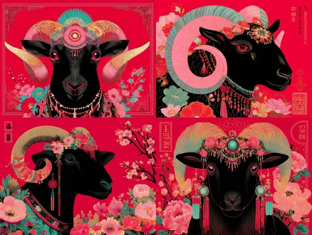 一幅画,描绘了一头黑色公羊,头戴色彩斑斓的头饰,背景为红色,维克托·恩盖！cmyk调色板,皇后塔罗牌,神灵leesha hannigan,白羊座火热的ram塔罗牌 ( ( victo ngai) ),victo ngai!柔和的色彩,中国神话,victo ngai,东方艺术风格,victo ngai风格,victor ngai,victo ngai精细纹理,详细的水粉画,波斯民俗插图,传统民间艺术风格,victo ngai,虚幻引擎,奥里与迷失之森林,毁灭性的智慧山羊,维克托·奈！柔和的棕褐色颜色，十二生肖,魔鬼塔罗牌,victo ngai和tristan eaton,半山羊,塔罗牌皇后,中国传统艺术,水粉细画,james jean和victo ngai,丝网,波斯民间故事艺术风格,塔罗牌设计,动物插图,