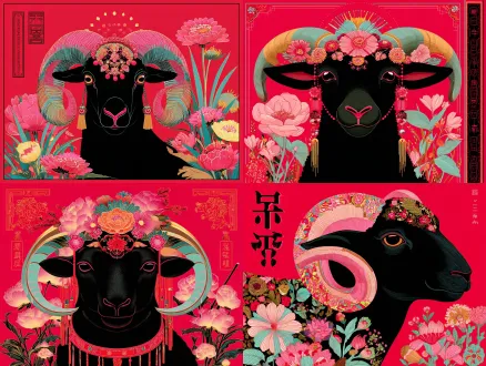 一幅画,描绘了一头黑色公羊,头戴色彩斑斓的头饰,背景为红色,维克托·恩盖！cmyk调色板,皇后塔罗牌,神灵leesha hannigan,白羊座火热的ram塔罗牌 ( ( victo ngai) ),victo ngai!柔和的色彩,中国神话,victo ngai,东方艺术风格,victo ngai风格,victor ngai,victo ngai精细纹理,详细的水粉画,波斯民俗插图,传统民间艺术风格,victo ngai,虚幻引擎,奥里与迷失之森林,毁灭性的智慧山羊,维克托·奈！柔和的棕褐色颜色，十二生肖,魔鬼塔罗牌,victo ngai和tristan eaton,半山羊,塔罗牌皇后,中国传统艺术,水粉细画,james jean和victo ngai,丝网,波斯民间故事艺术风格,塔罗牌设计,动物插图,