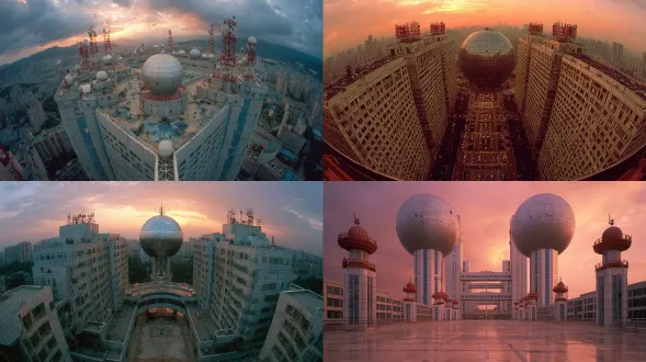 1990年代末中国球进市，巨型球进大厦，白瓷砖蓝玻璃幕墙，楼顶红色雷达天线，仰拍广角，黄昏暖橙色天空，低像素胶片感，过期胶卷，颗粒，褪色，轻微过曝，对称构图，空无一人，中式梦核，千禧年，巨物感，超现实，复古滤镜